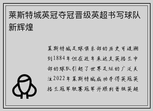 莱斯特城英冠夺冠晋级英超书写球队新辉煌
